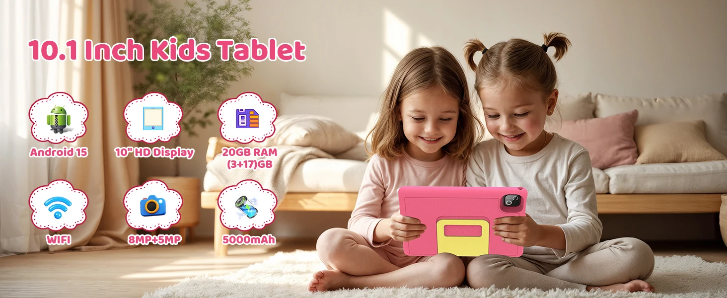 URAO KT1026 10.1 Inch Kids Octa Core Tablet PC Widevine L1 Certified Android 15 20GB(3+17GB Virtual) RAM 128GB ROM 5000mAh HD 1280*800 Screen Pink Blue Purple 3 Colors Children Learning Tablet TF 1TB Expand Streaming Education Tablet