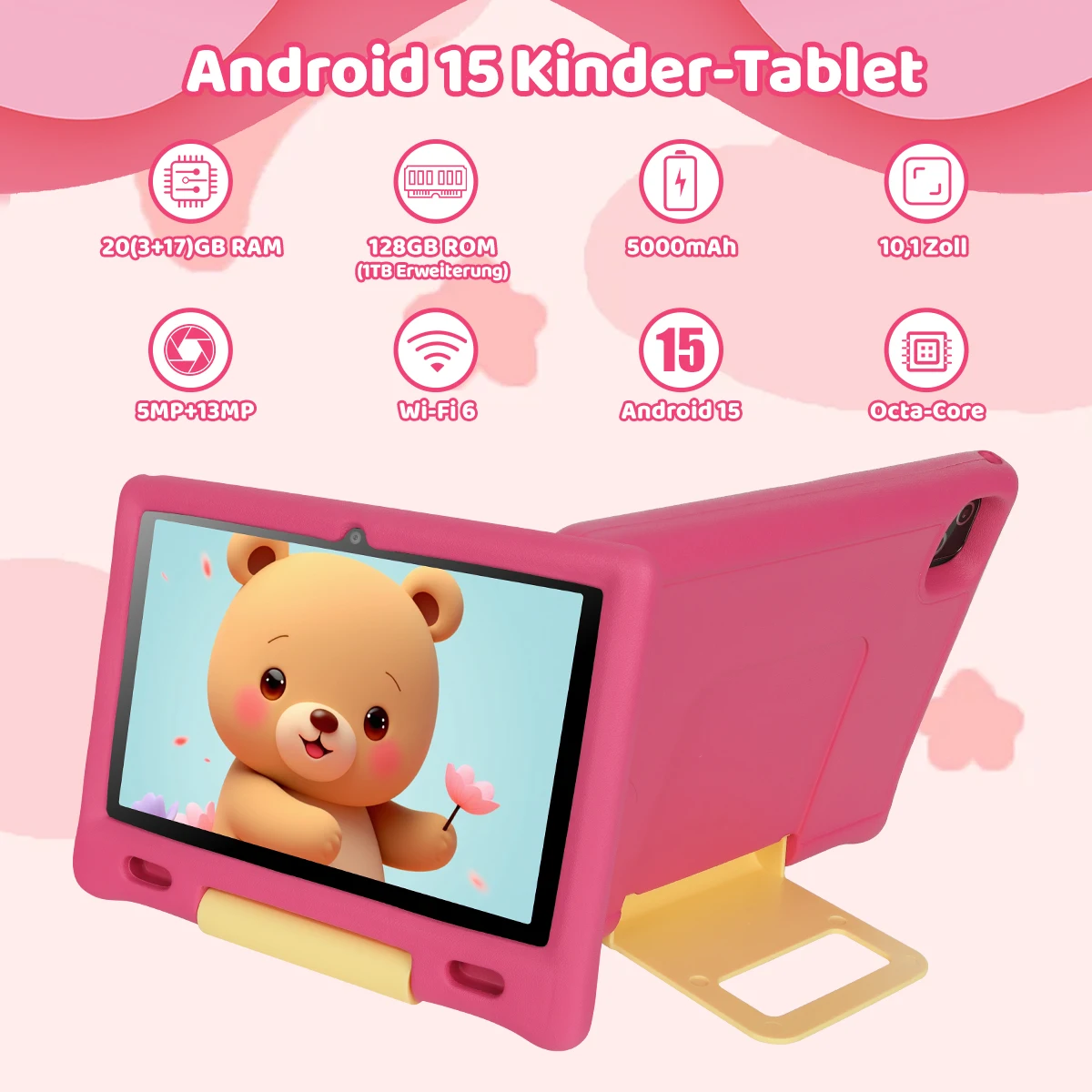 URAO KT1026 10.1 Inch Kids Octa Core Tablet PC Widevine L1 Certified Android 15 20GB(3+17GB Virtual) RAM 128GB ROM 5000mAh HD 1280*800 Screen Pink Blue Purple 3 Colors Children Learning Tablet TF 1TB Expand Streaming Education Tablet