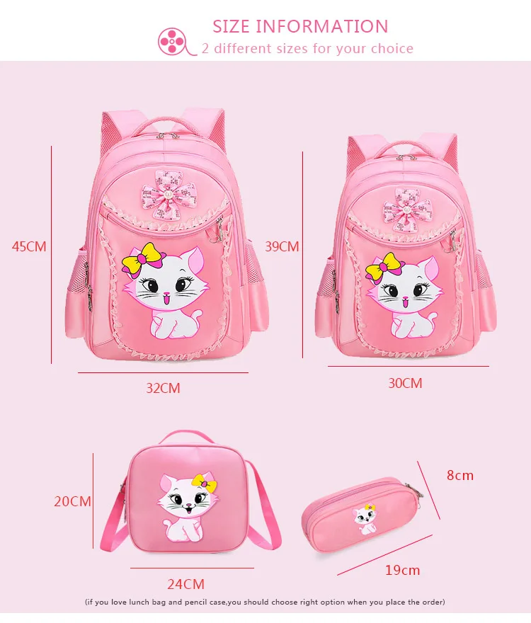 3 Pieces Pink Cat Children Backpack School Bags for girls Cartoon Kid Backpack Kitty Printing Bookbag mochilas escolares infanti