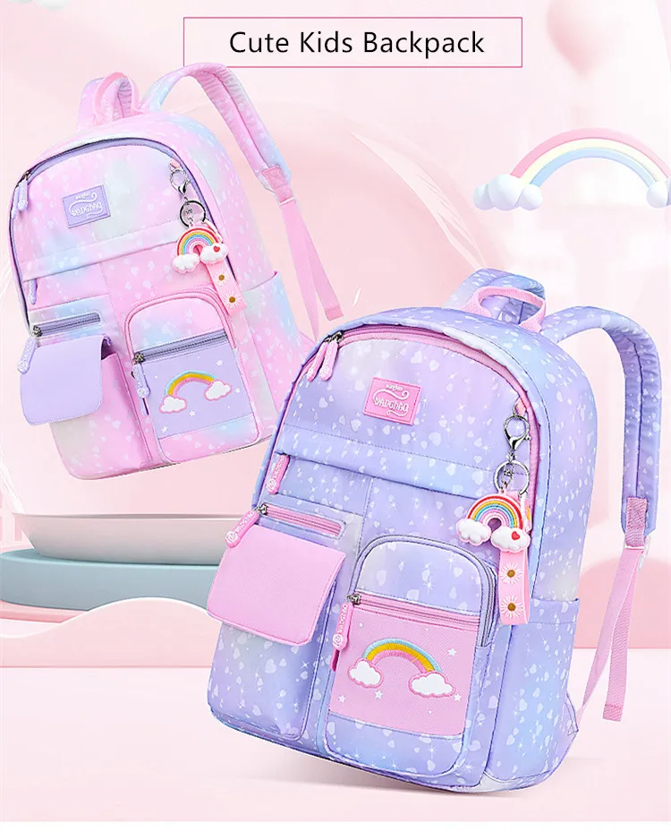 Kawaii Pink Purple Elementary School Backpack for Girls Cute Rainbow Student Bookbag Primary School Girl SchoolBag Children Gift