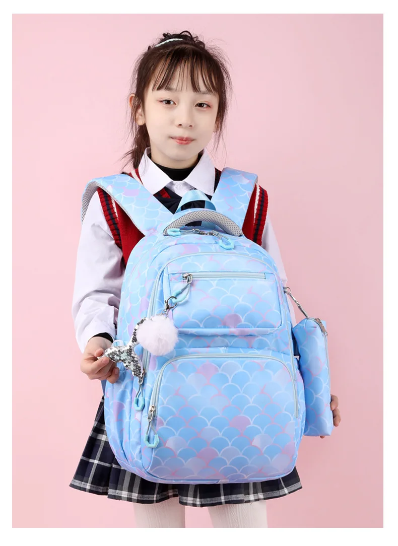 3pcs/Set Fish Scale Print Kid Backpack With Mermaid pendant Girl waterproof School Bag Children Schoolbag For teenage girls