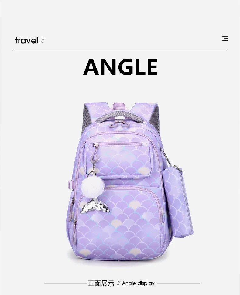 3pcs/Set Fish Scale Print Kid Backpack With Mermaid pendant Girl waterproof School Bag Children Schoolbag For teenage girls