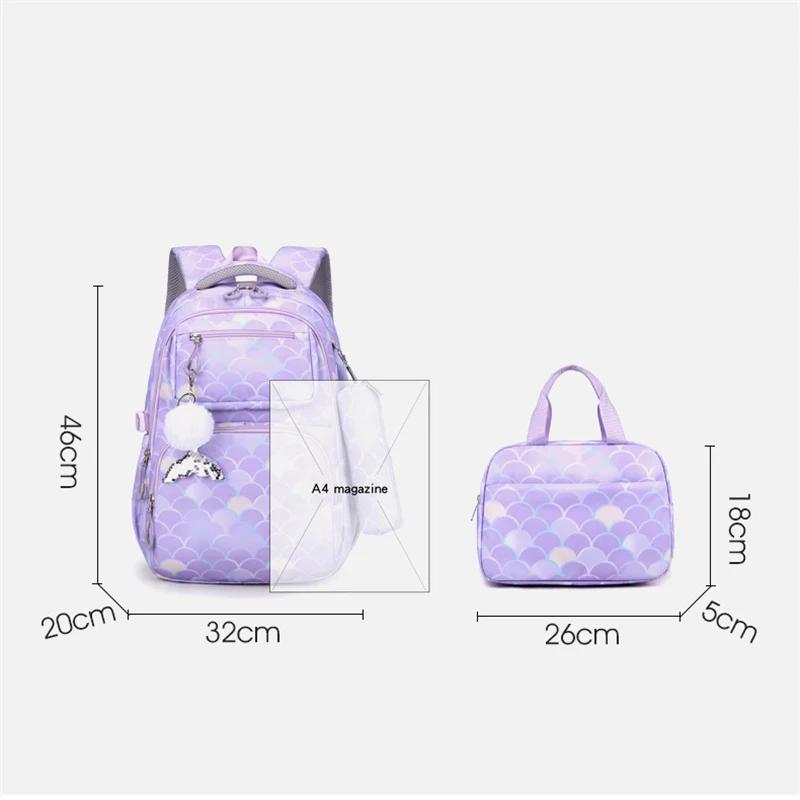 3pcs/Set Fish Scale Print Kid Backpack With Mermaid pendant Girl waterproof School Bag Children Schoolbag For teenage girls