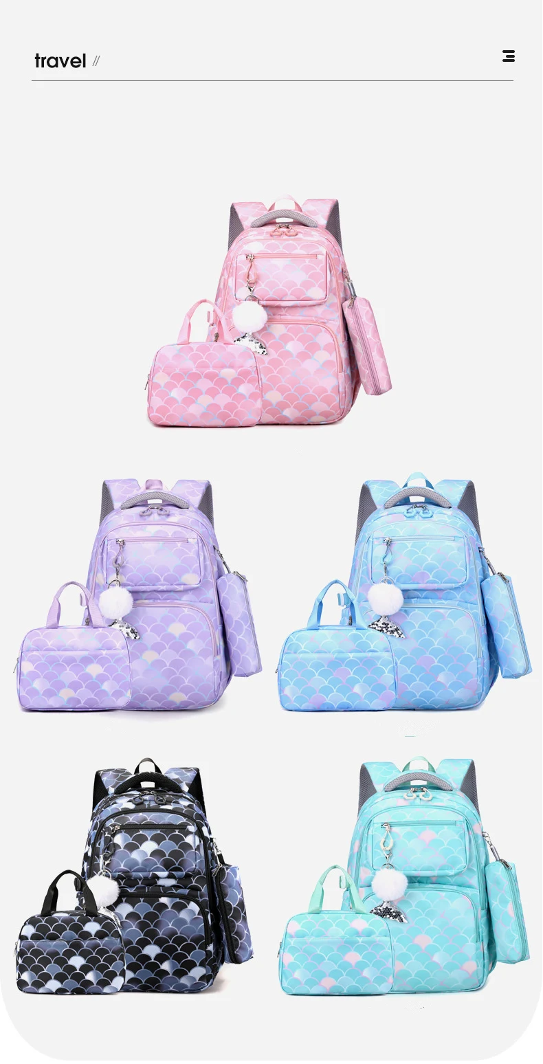 3pcs/Set Fish Scale Print Kid Backpack With Mermaid pendant Girl waterproof School Bag Children Schoolbag For teenage girls