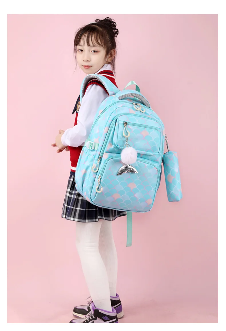 3pcs/Set Fish Scale Print Kid Backpack With Mermaid pendant Girl waterproof School Bag Children Schoolbag For teenage girls