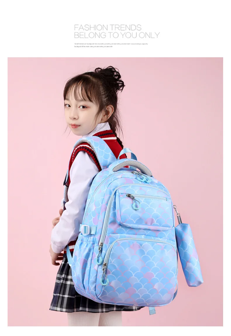 3pcs/Set Fish Scale Print Kid Backpack With Mermaid pendant Girl waterproof School Bag Children Schoolbag For teenage girls