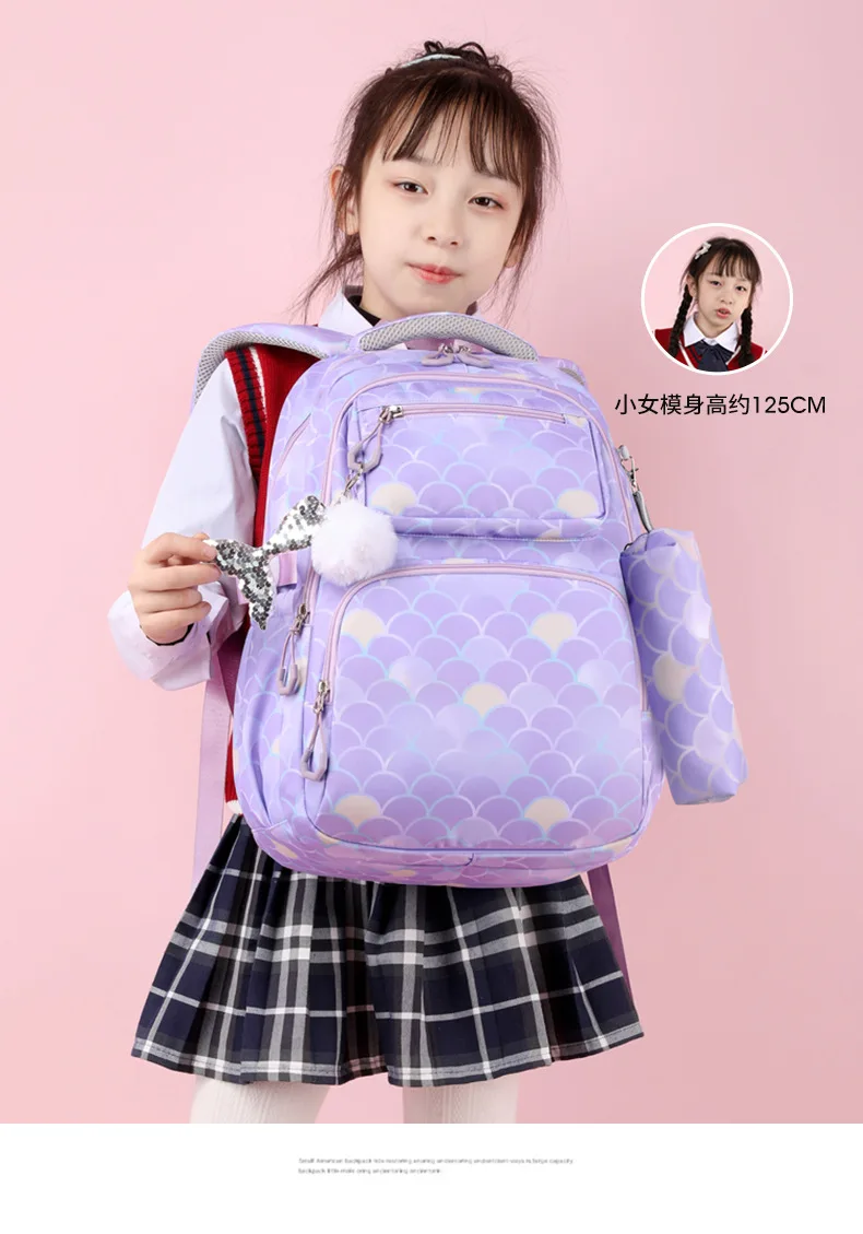 3pcs/Set Fish Scale Print Kid Backpack With Mermaid pendant Girl waterproof School Bag Children Schoolbag For teenage girls