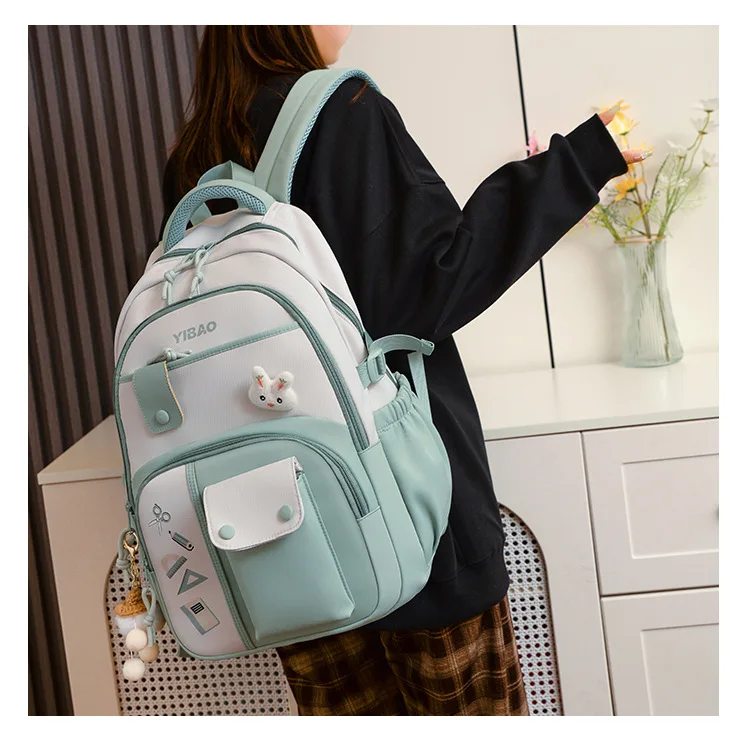 Cute Rabbit Children School Backpack for Teenage Girls Fashionable Splicing Color Contrast Fresh Lady Knapsack Kids Schoolbags