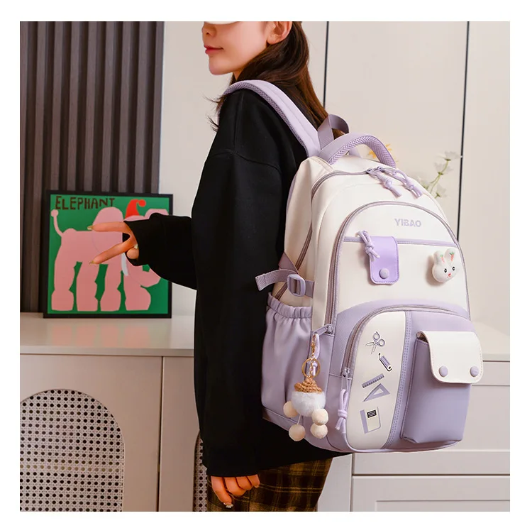 Cute Rabbit Children School Backpack for Teenage Girls Fashionable Splicing Color Contrast Fresh Lady Knapsack Kids Schoolbags