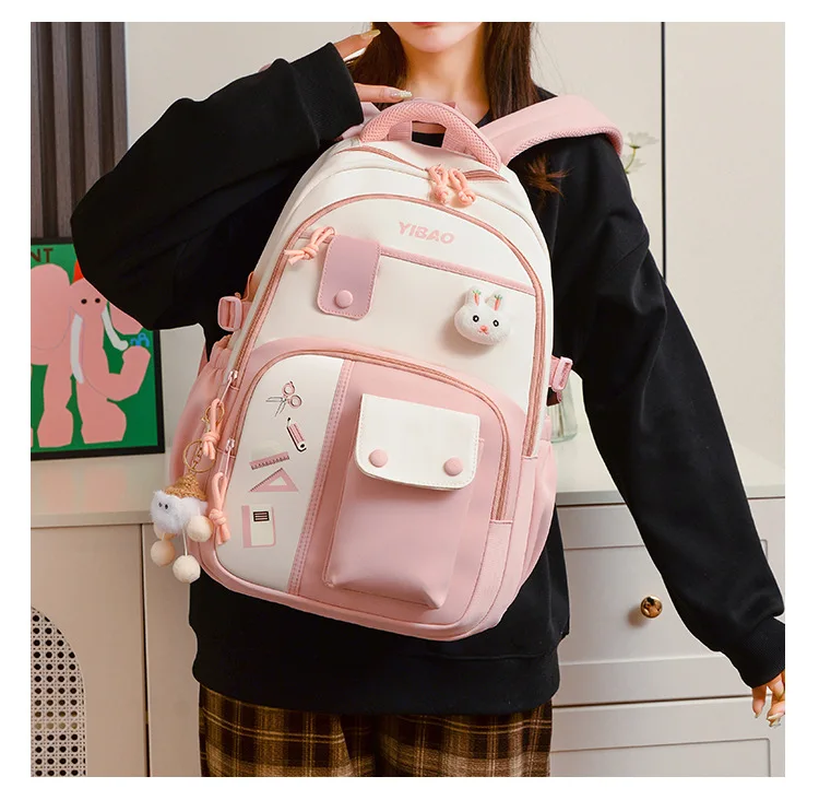 Cute Rabbit Children School Backpack for Teenage Girls Fashionable Splicing Color Contrast Fresh Lady Knapsack Kids Schoolbags