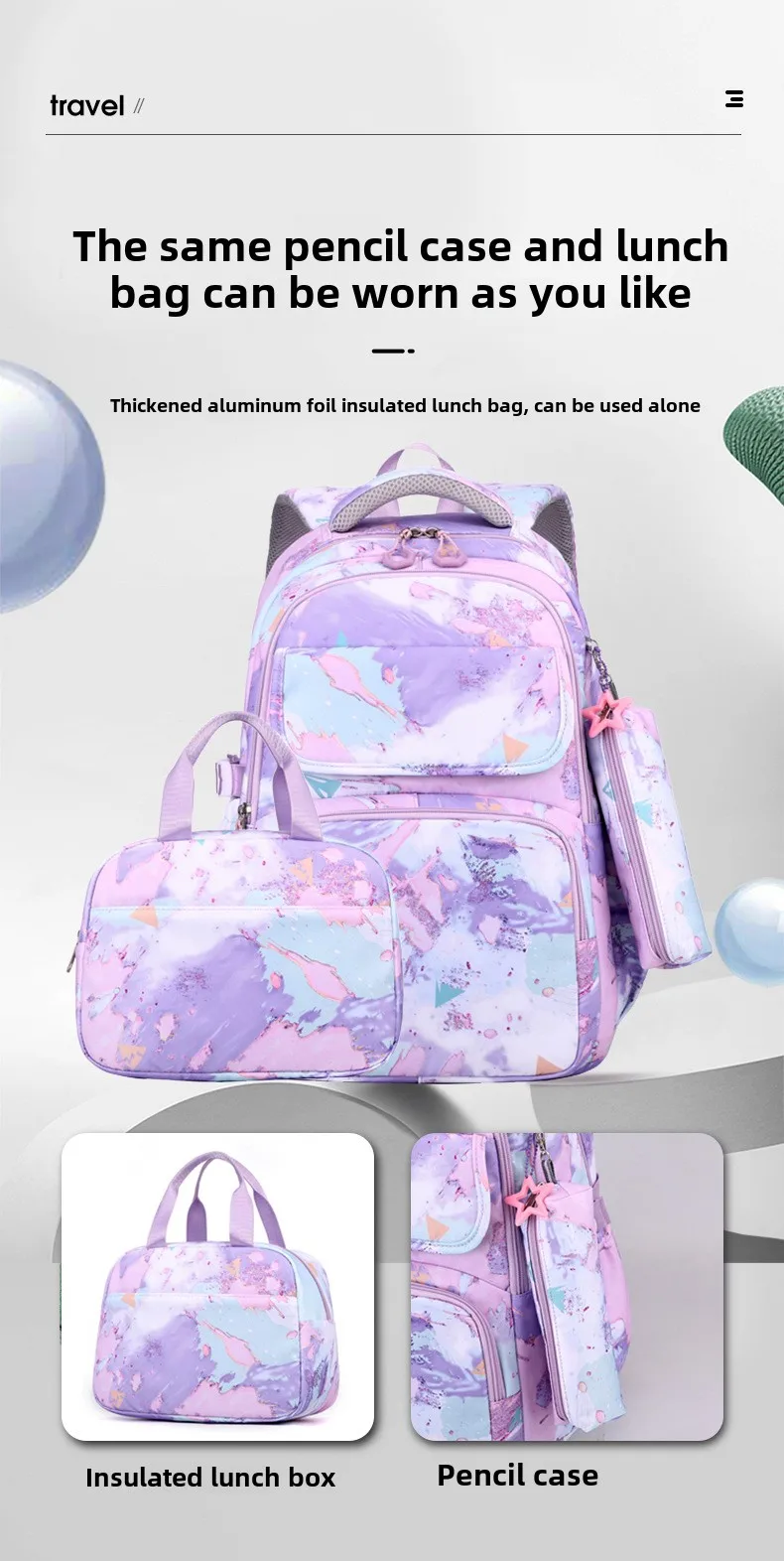 3pcs/set Kids School Backpack for Girls Boys Lunch bag pencil bag set Elementary Middle High School Bags Students Bookbag