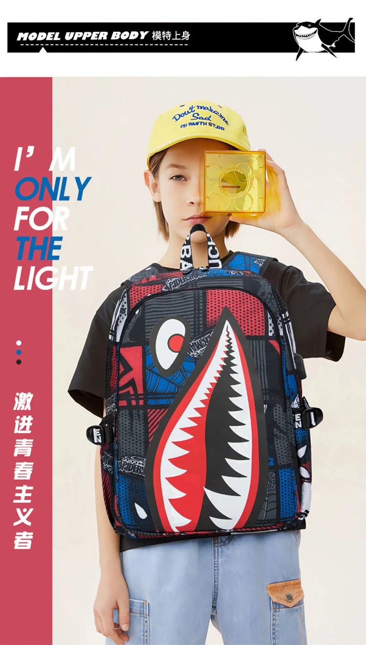 Cool shark mouth prints bagpack boy camouflage college bags unisex schoolbags waterproof backpacks student large capacity bags