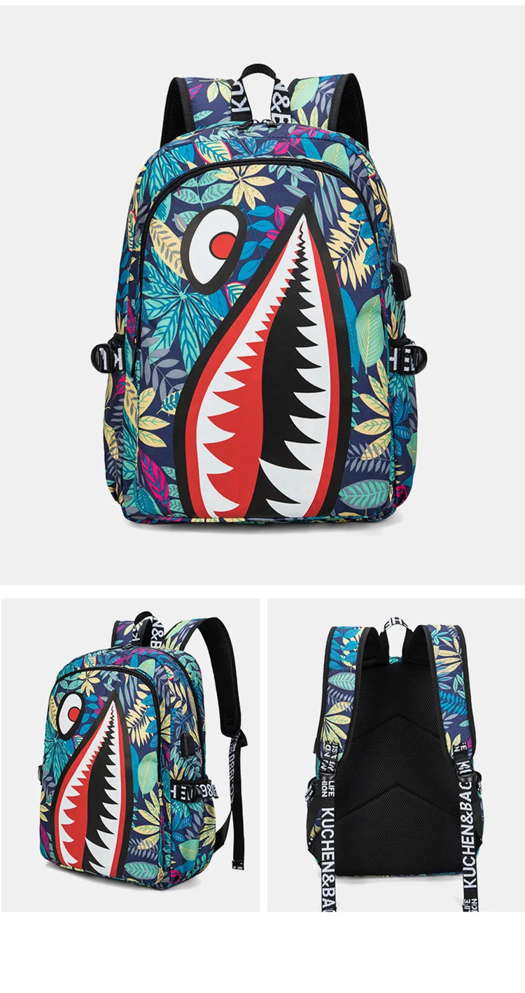 Cool shark mouth prints bagpack boy camouflage college bags unisex schoolbags waterproof backpacks student large capacity bags