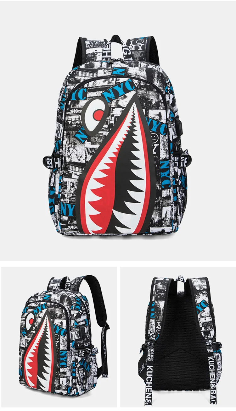 Cool shark mouth prints bagpack boy camouflage college bags unisex schoolbags waterproof backpacks student large capacity bags
