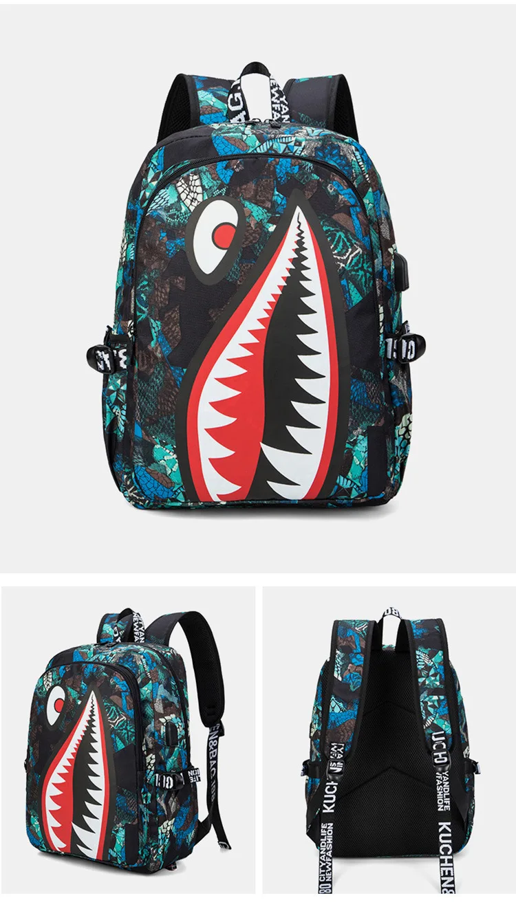 Cool shark mouth prints bagpack boy camouflage college bags unisex schoolbags waterproof backpacks student large capacity bags