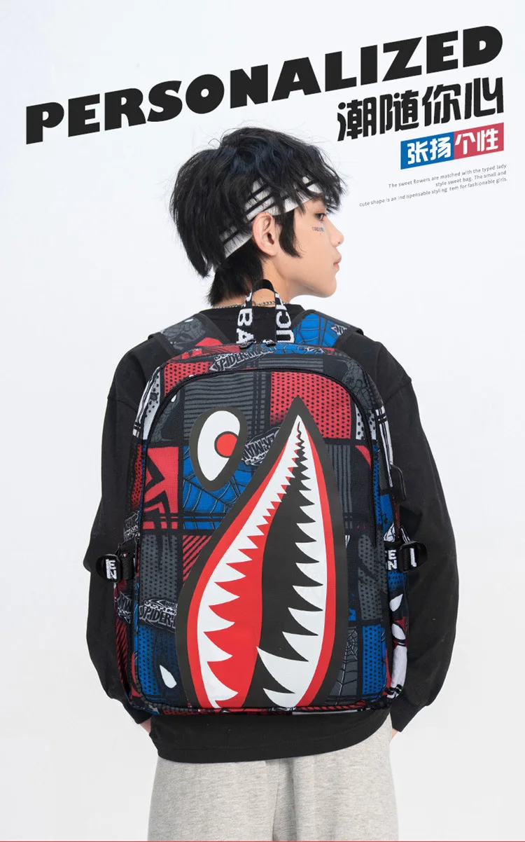 Cool shark mouth prints bagpack boy camouflage college bags unisex schoolbags waterproof backpacks student large capacity bags