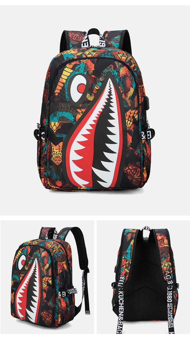 Cool shark mouth prints bagpack boy camouflage college bags unisex schoolbags waterproof backpacks student large capacity bags