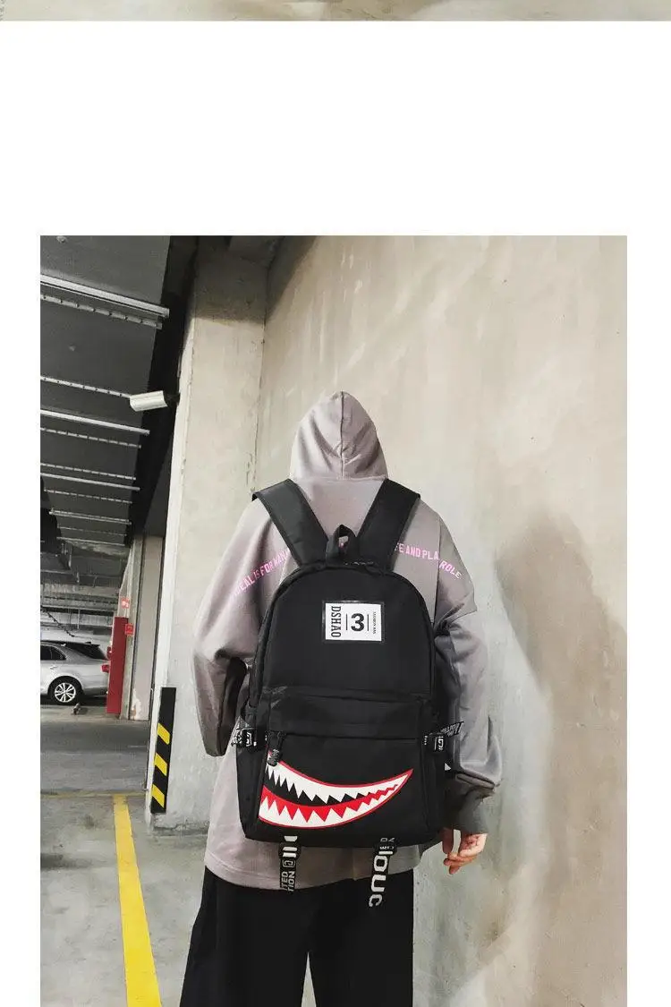 Fashion Large Back Packs for Girls Boys Black Waterproof School Backpacks Woman Shark Print Travel Bags Mochilas Escolar