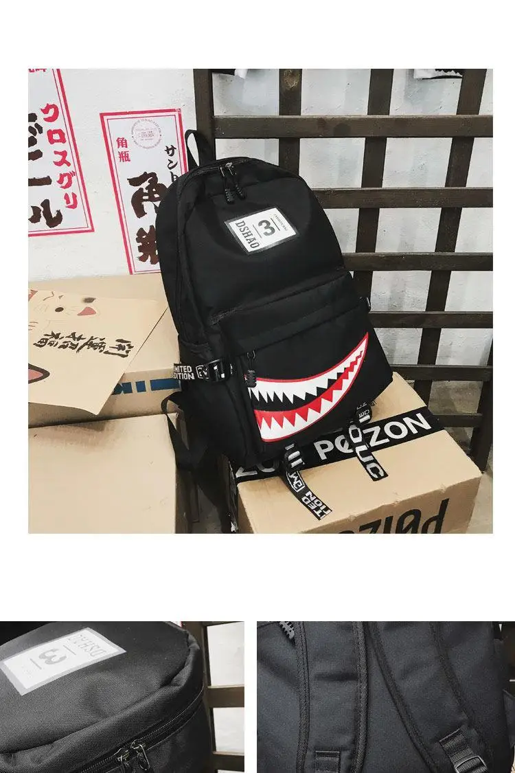 Fashion Large Back Packs for Girls Boys Black Waterproof School Backpacks Woman Shark Print Travel Bags Mochilas Escolar