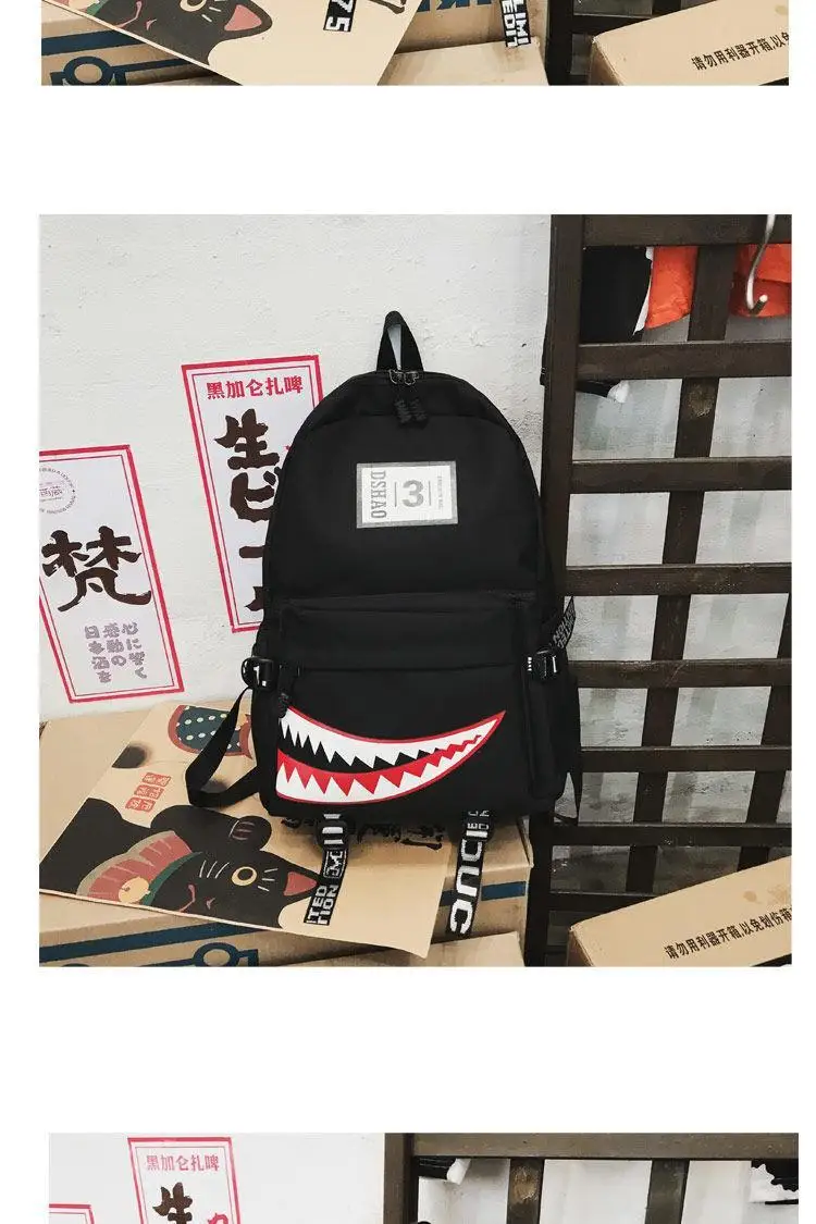 Fashion Large Back Packs for Girls Boys Black Waterproof School Backpacks Woman Shark Print Travel Bags Mochilas Escolar