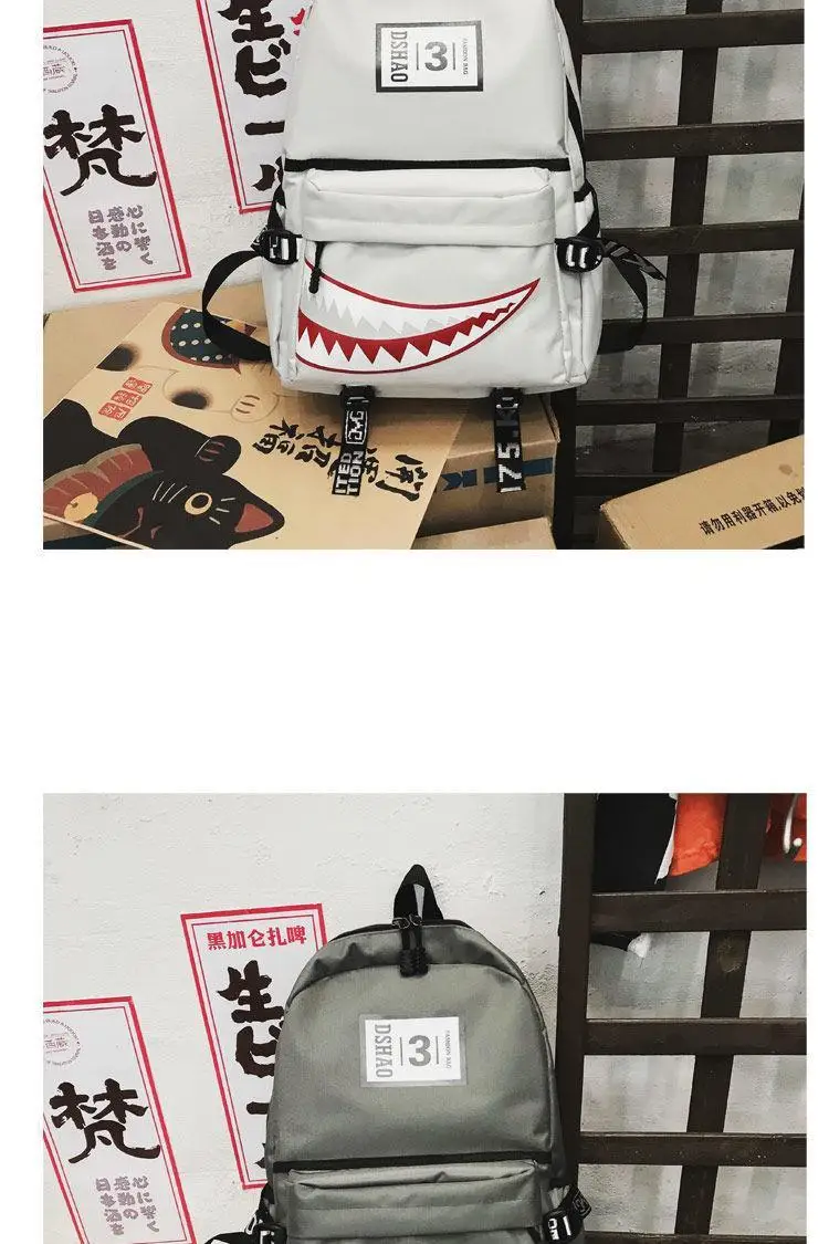 Fashion Large Back Packs for Girls Boys Black Waterproof School Backpacks Woman Shark Print Travel Bags Mochilas Escolar