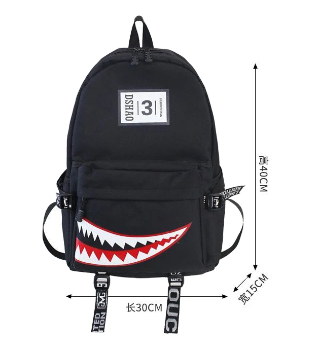 Fashion Large Back Packs for Girls Boys Black Waterproof School Backpacks Woman Shark Print Travel Bags Mochilas Escolar