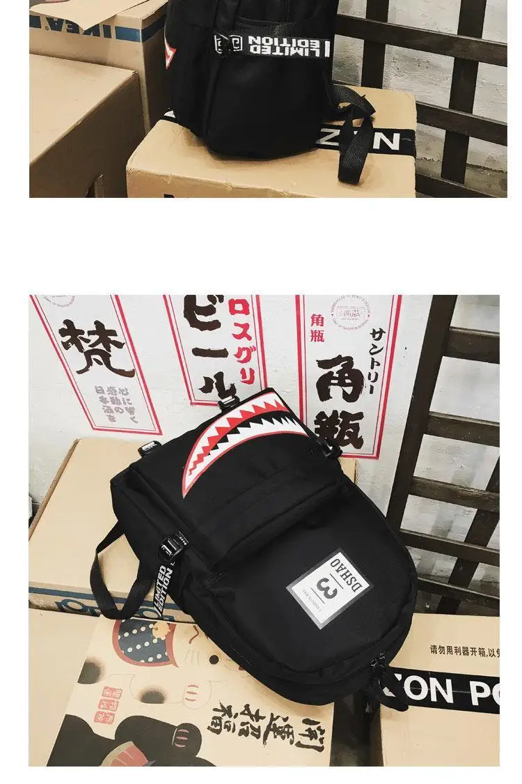 Fashion Large Back Packs for Girls Boys Black Waterproof School Backpacks Woman Shark Print Travel Bags Mochilas Escolar