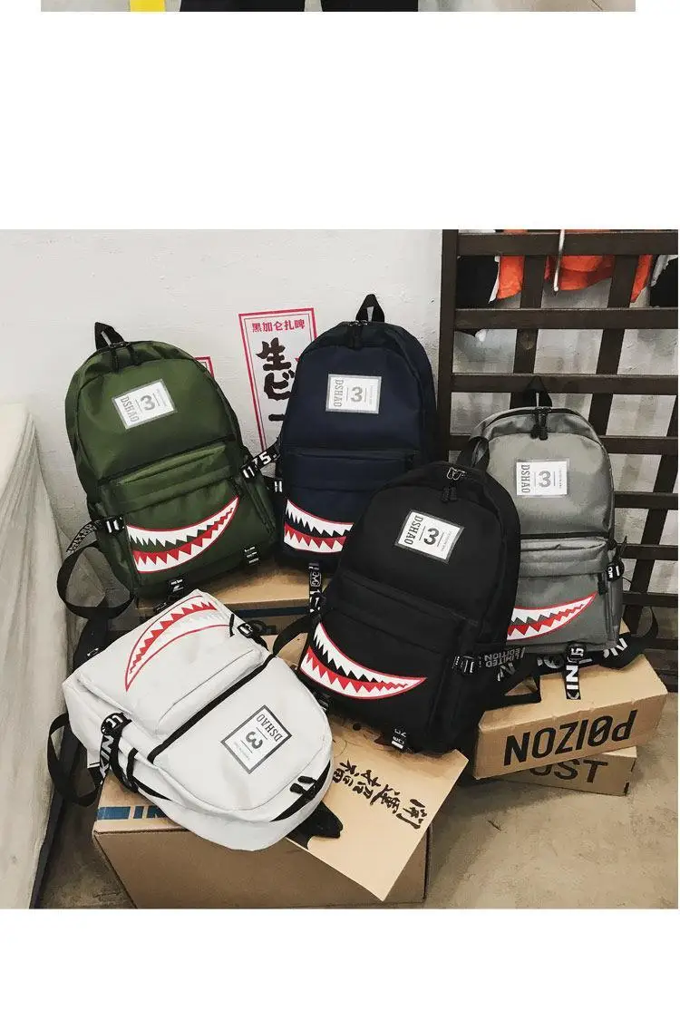 Fashion Large Back Packs for Girls Boys Black Waterproof School Backpacks Woman Shark Print Travel Bags Mochilas Escolar