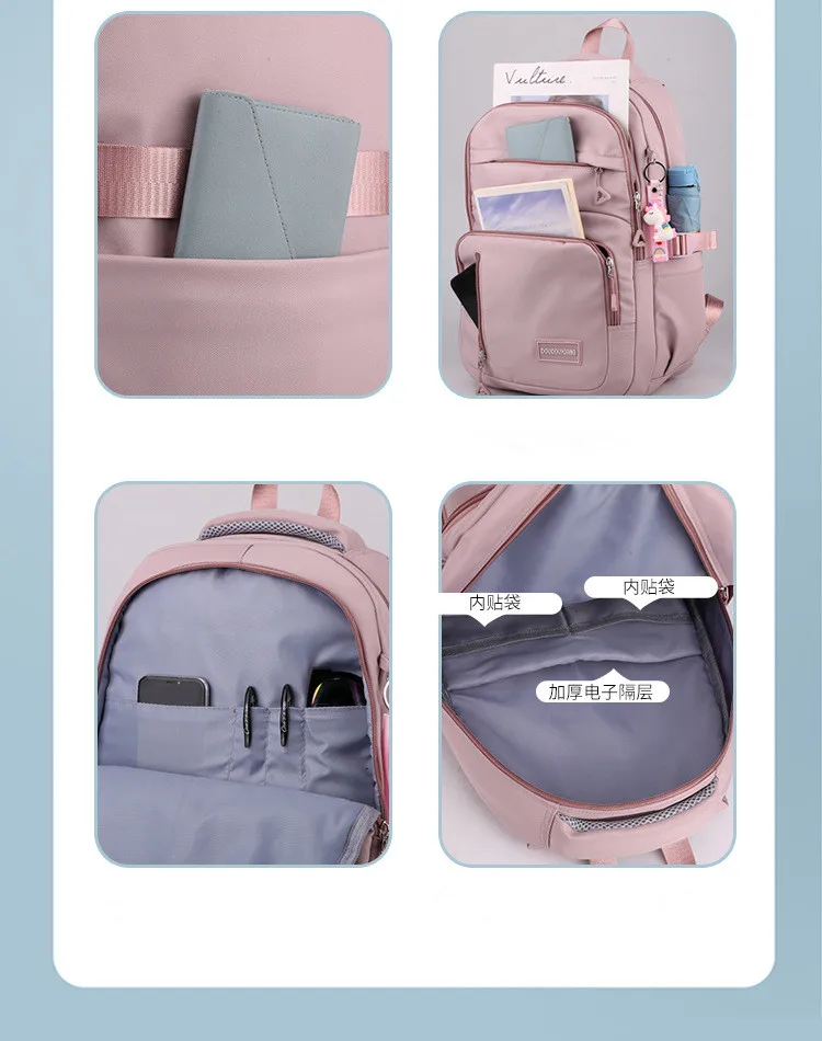 Girls School Bag With Pendant Nylon Backpack Travel Rucksack Multi Pockets Waterproof Casual Simple Style Schoolbag for Teenager