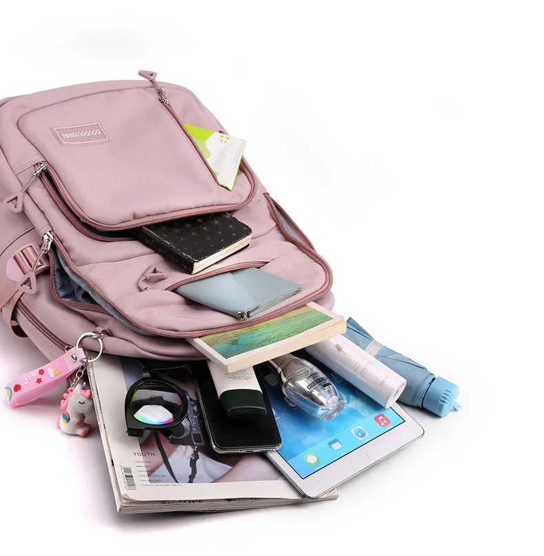 Girls School Bag With Pendant Nylon Backpack Travel Rucksack Multi Pockets Waterproof Casual Simple Style Schoolbag for Teenager