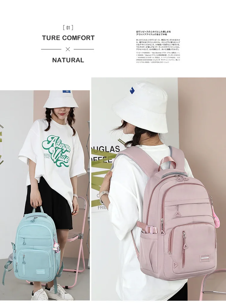 Girls School Bag With Pendant Nylon Backpack Travel Rucksack Multi Pockets Waterproof Casual Simple Style Schoolbag for Teenager