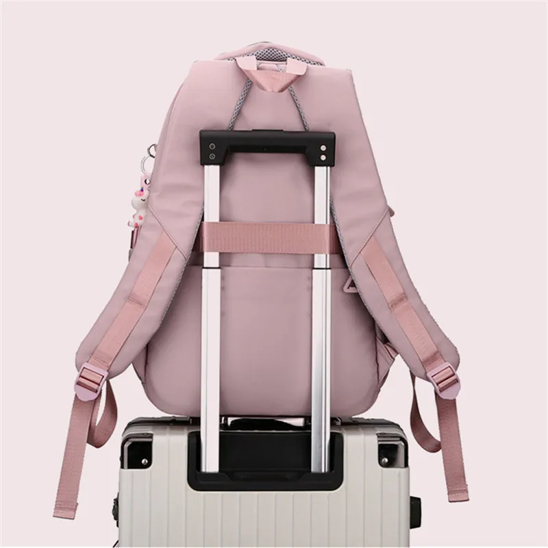 Girls School Bag With Pendant Nylon Backpack Travel Rucksack Multi Pockets Waterproof Casual Simple Style Schoolbag for Teenager