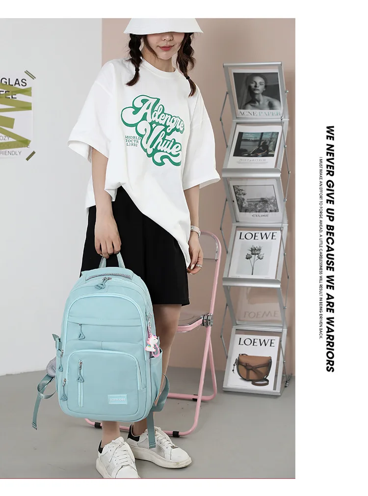 Girls School Bag With Pendant Nylon Backpack Travel Rucksack Multi Pockets Waterproof Casual Simple Style Schoolbag for Teenager