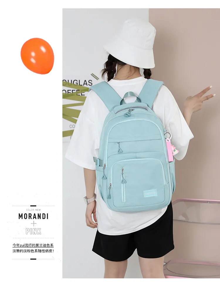 Girls School Bag With Pendant Nylon Backpack Travel Rucksack Multi Pockets Waterproof Casual Simple Style Schoolbag for Teenager