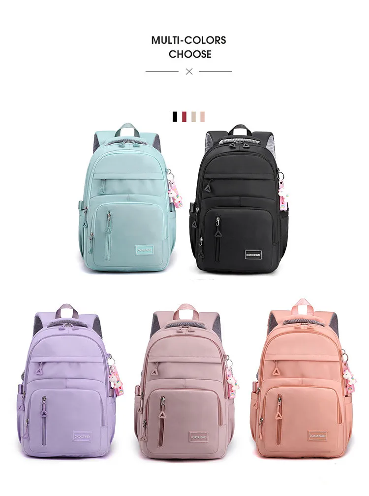 Girls School Bag With Pendant Nylon Backpack Travel Rucksack Multi Pockets Waterproof Casual Simple Style Schoolbag for Teenager