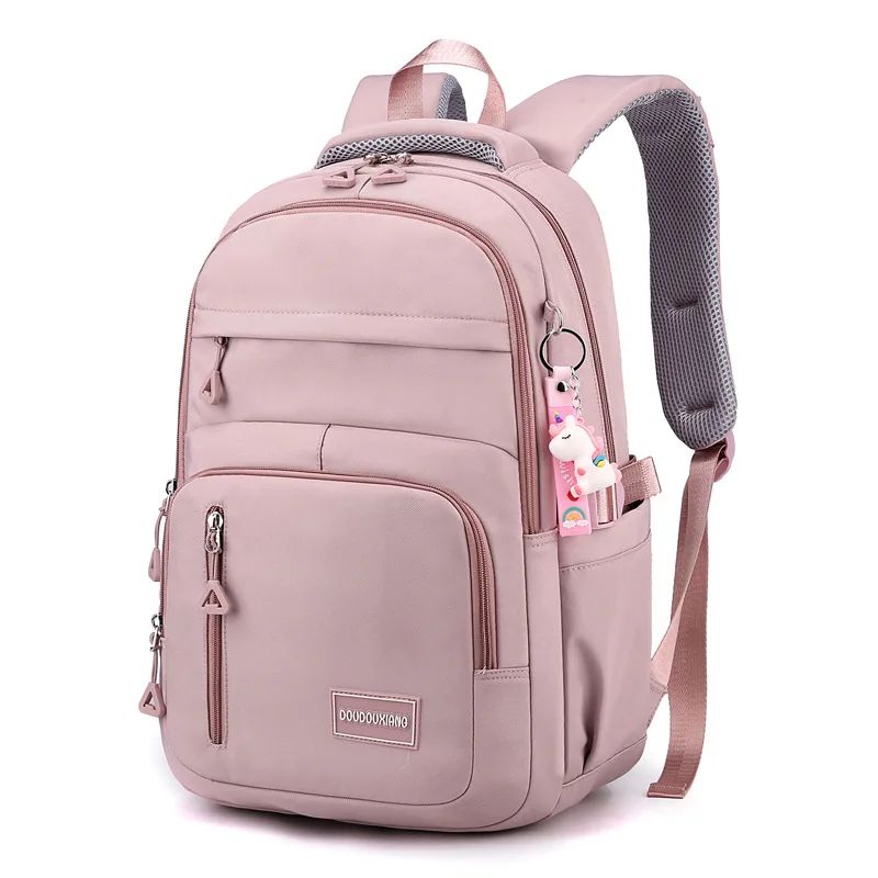 Girls School Bag With Pendant Nylon Backpack Travel Rucksack Multi Pockets Waterproof Casual Simple Style Schoolbag for Teenager