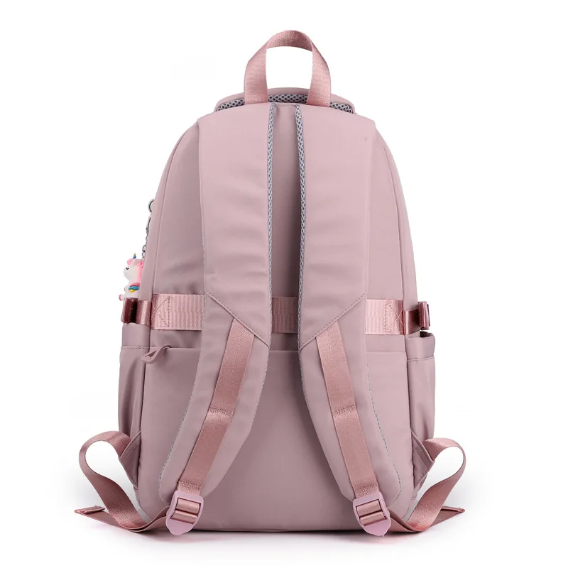 Girls School Bag With Pendant Nylon Backpack Travel Rucksack Multi Pockets Waterproof Casual Simple Style Schoolbag for Teenager