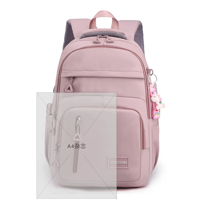 Girls School Bag With Pendant Nylon Backpack Travel Rucksack Multi Pockets Waterproof Casual Simple Style Schoolbag for Teenager