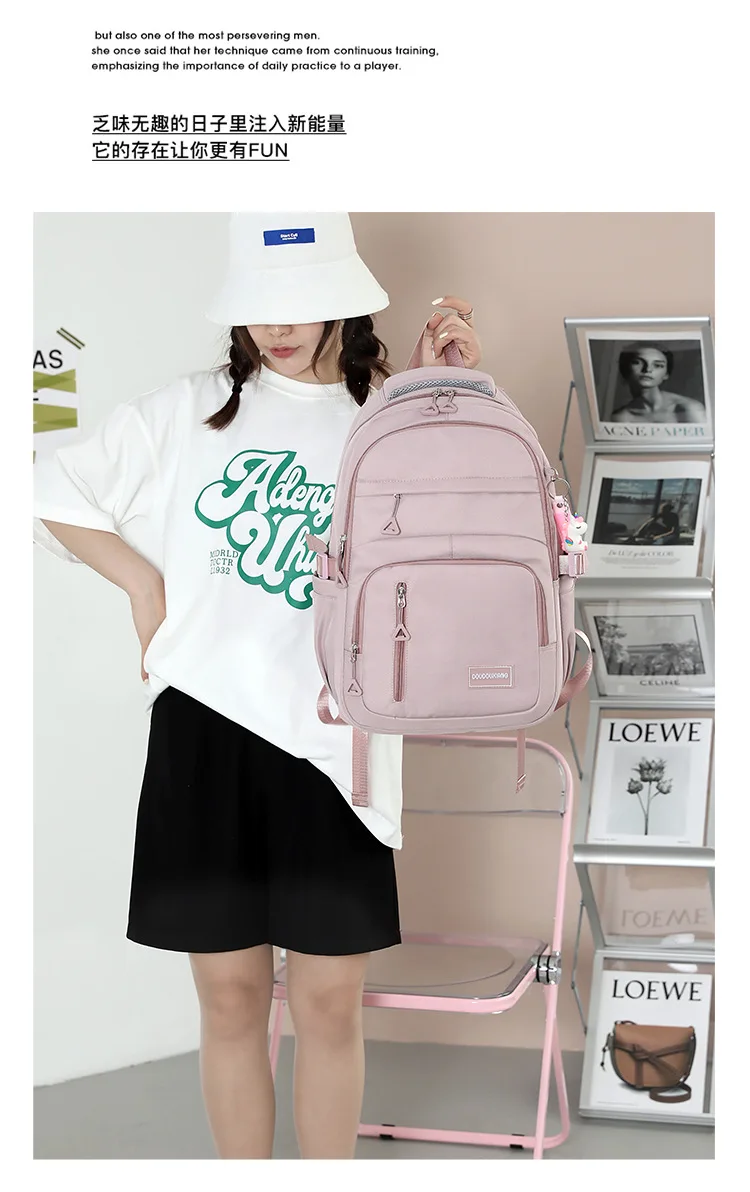 Girls School Bag With Pendant Nylon Backpack Travel Rucksack Multi Pockets Waterproof Casual Simple Style Schoolbag for Teenager