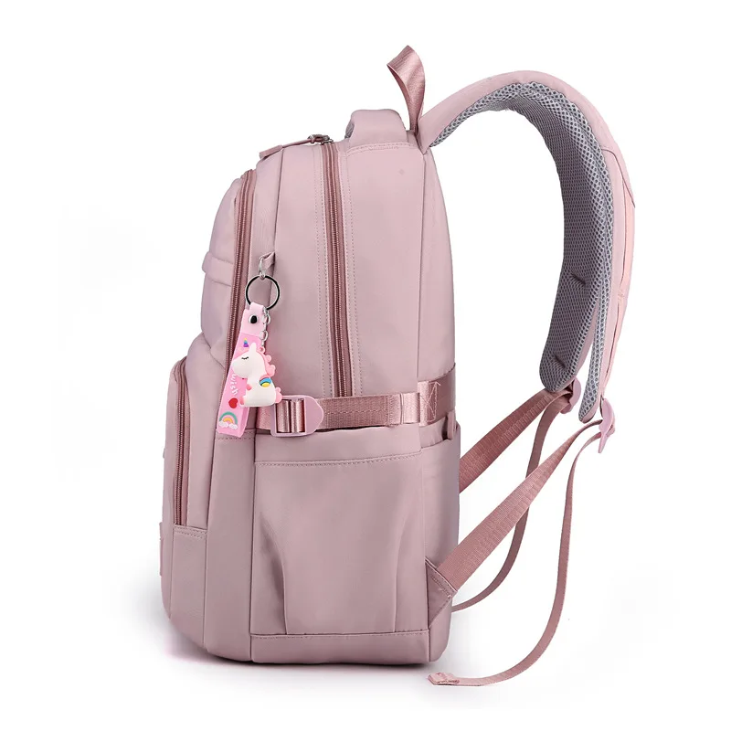 Girls School Bag With Pendant Nylon Backpack Travel Rucksack Multi Pockets Waterproof Casual Simple Style Schoolbag for Teenager