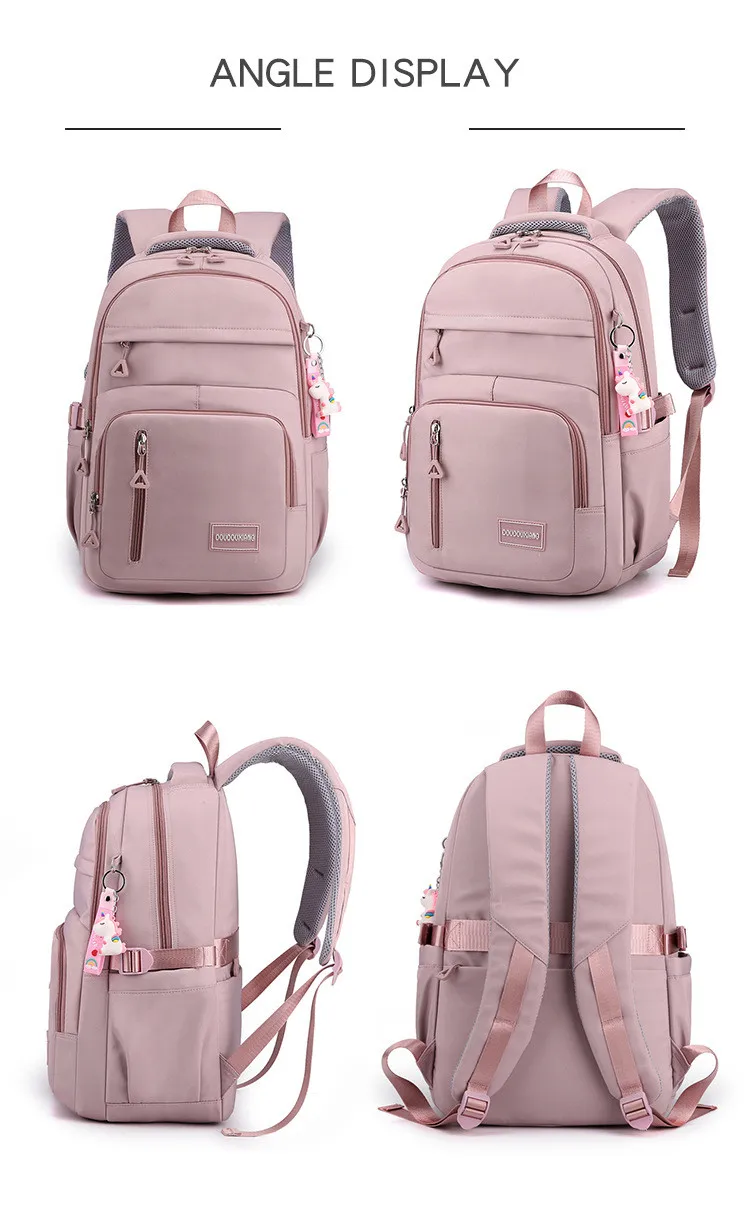 Girls School Bag With Pendant Nylon Backpack Travel Rucksack Multi Pockets Waterproof Casual Simple Style Schoolbag for Teenager