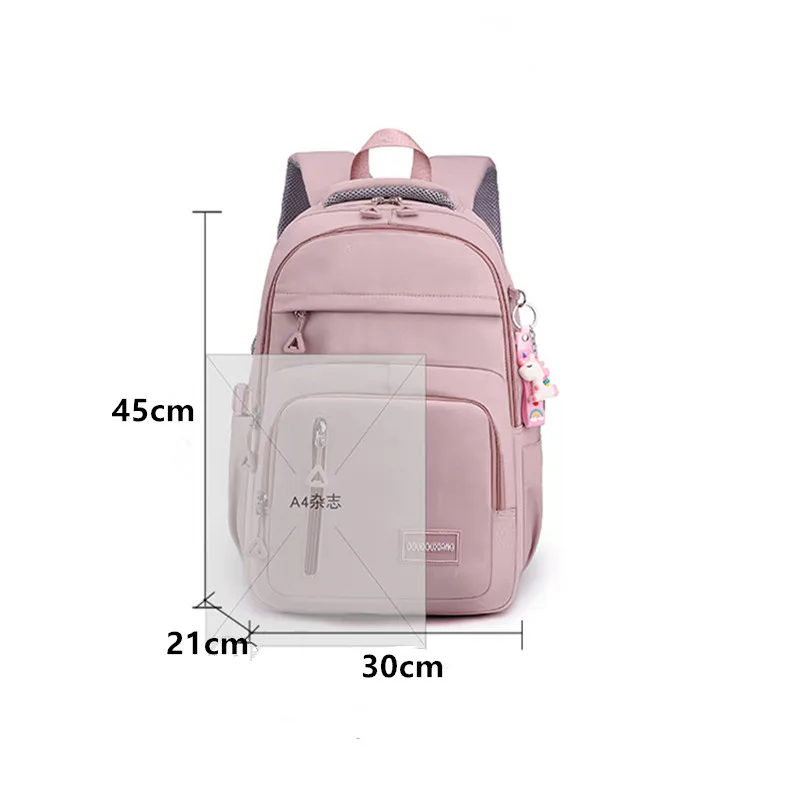 Girls School Bag With Pendant Nylon Backpack Travel Rucksack Multi Pockets Waterproof Casual Simple Style Schoolbag for Teenager