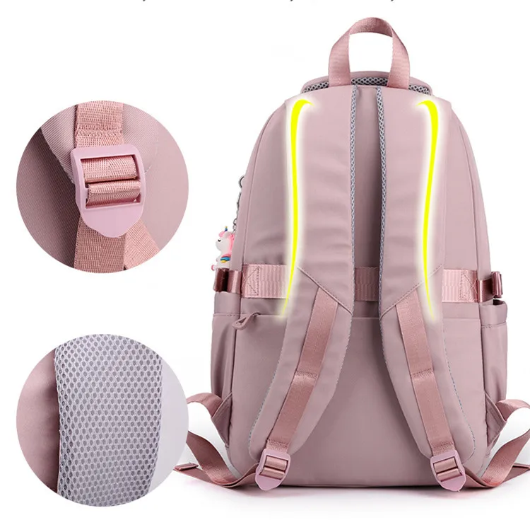 Girls School Bag With Pendant Nylon Backpack Travel Rucksack Multi Pockets Waterproof Casual Simple Style Schoolbag for Teenager