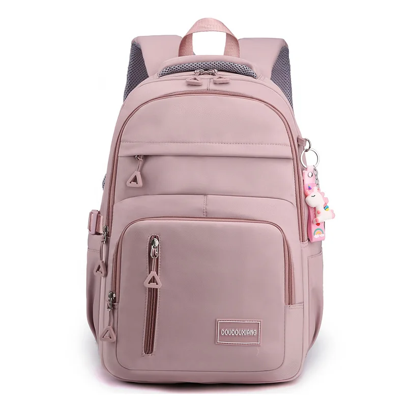 Girls School Bag With Pendant Nylon Backpack Travel Rucksack Multi Pockets Waterproof Casual Simple Style Schoolbag for Teenager