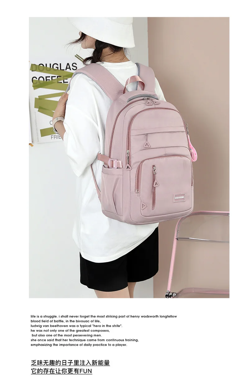 Girls School Bag With Pendant Nylon Backpack Travel Rucksack Multi Pockets Waterproof Casual Simple Style Schoolbag for Teenager