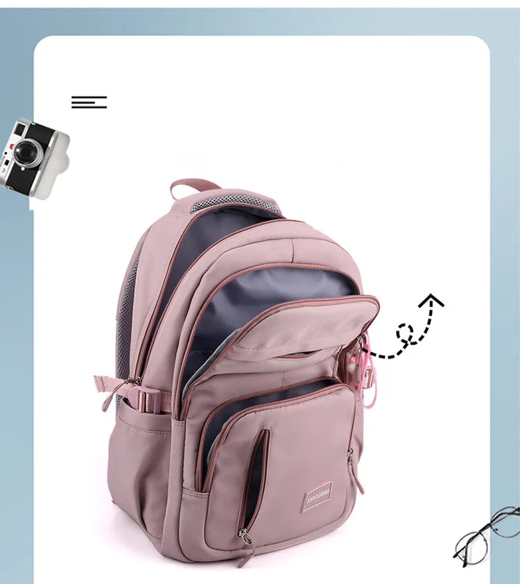 Girls School Bag With Pendant Nylon Backpack Travel Rucksack Multi Pockets Waterproof Casual Simple Style Schoolbag for Teenager