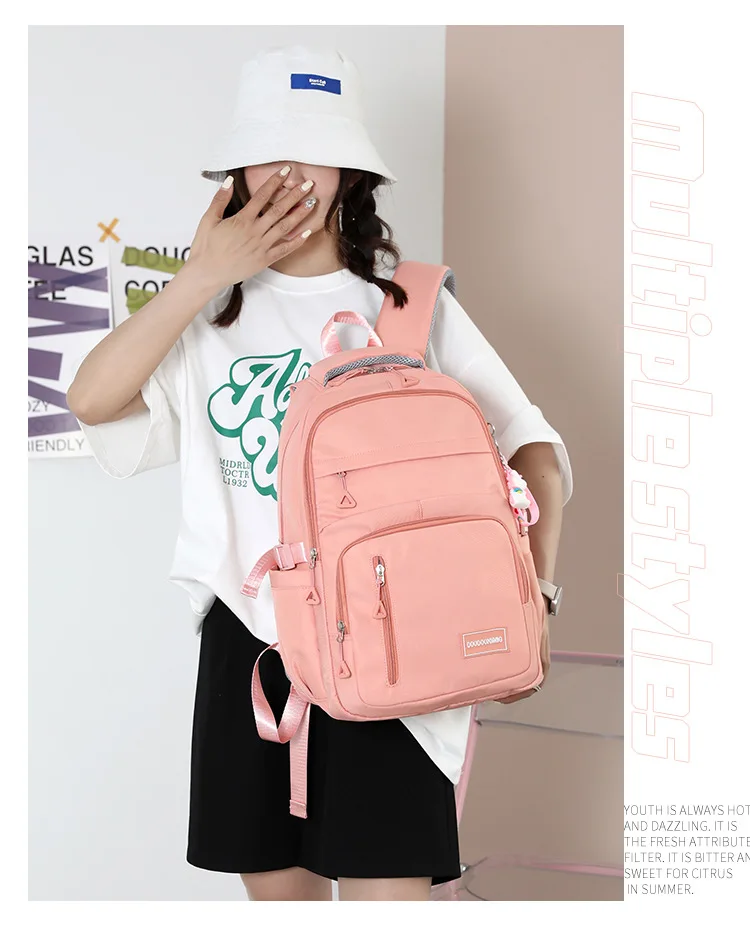 Girls School Bag With Pendant Nylon Backpack Travel Rucksack Multi Pockets Waterproof Casual Simple Style Schoolbag for Teenager