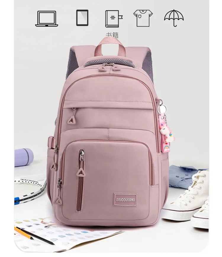 Girls School Bag With Pendant Nylon Backpack Travel Rucksack Multi Pockets Waterproof Casual Simple Style Schoolbag for Teenager