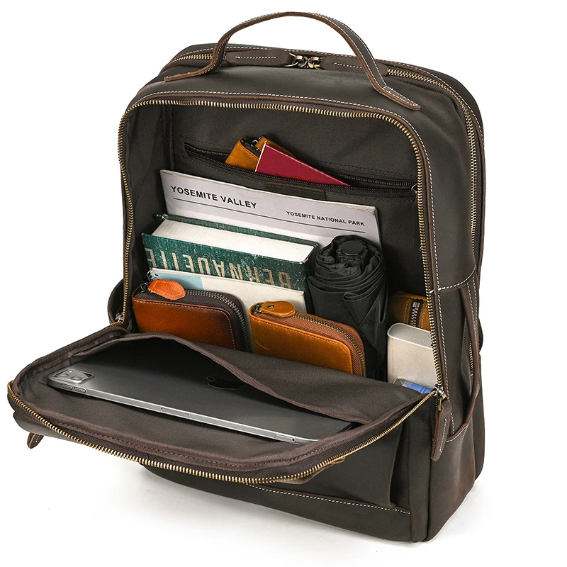 Fashion Crazy Horse Leather Backpack Real Cowskin Laptop Bagpack Computer Man Backpacks For Men Male Daypack Business School Bag