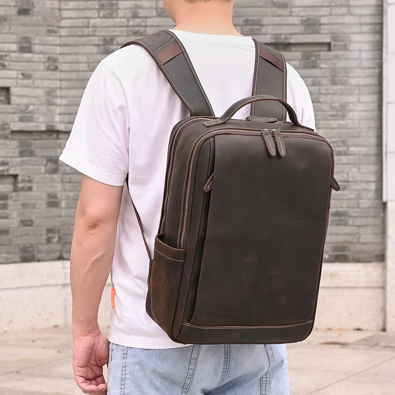 Fashion Crazy Horse Leather Backpack Real Cowskin Laptop Bagpack Computer Man Backpacks For Men Male Daypack Business School Bag